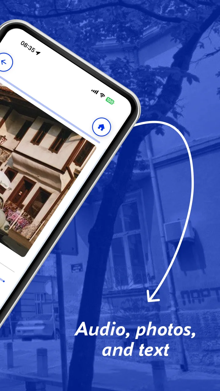 Audio, photos, and text. A route stop with a photo of a Belgrade street.