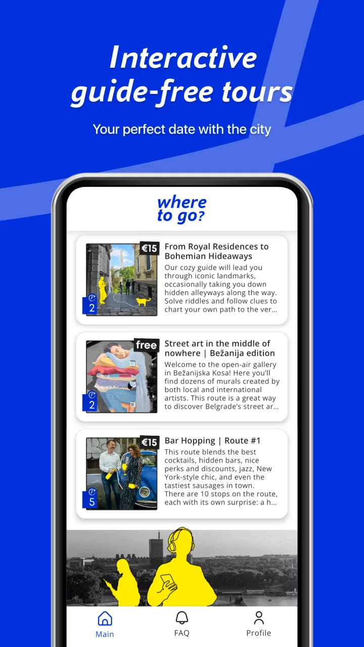 Interactive guide-free tours: your perfect date with the city. The app home screen with a list of routes.